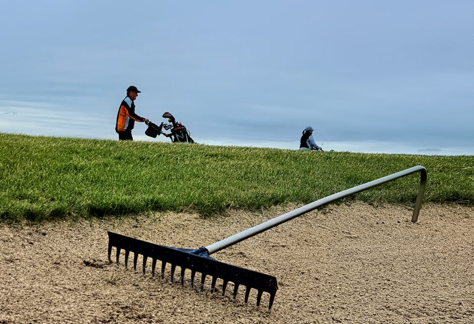 Two golfers walking on a course with a rake in a sand bunker under a cloudy sky.